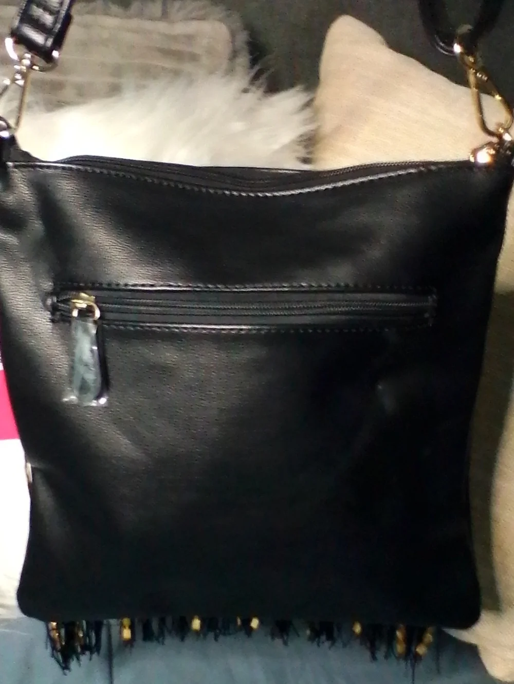 VETTA Black Fringe Crossbody with Gold Rhinestone Strips
